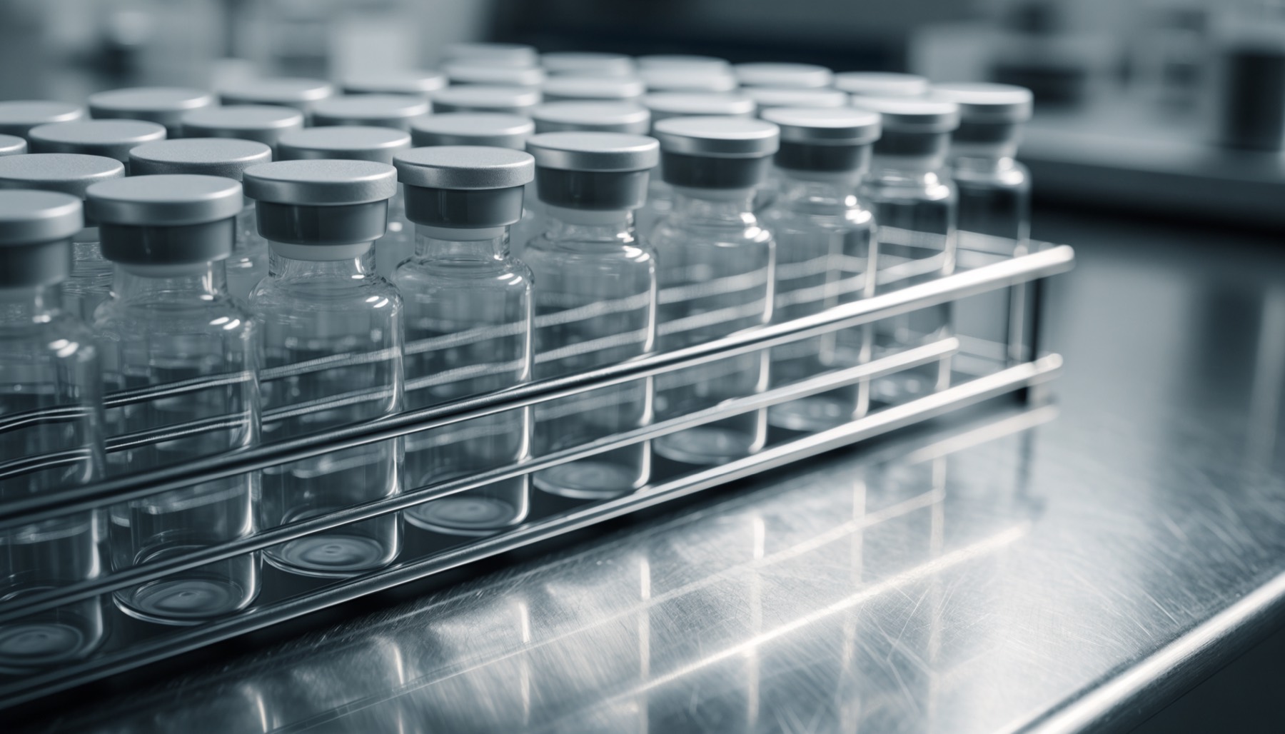 A stainless steel rack of small clear glass vials with grey rubber stoppers and plain aluminium crimp caps on a brushed steel bench